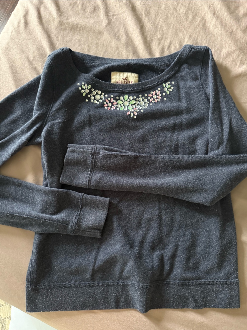 Hollister Navy Long-Sleeve Top with Floral Embellishment